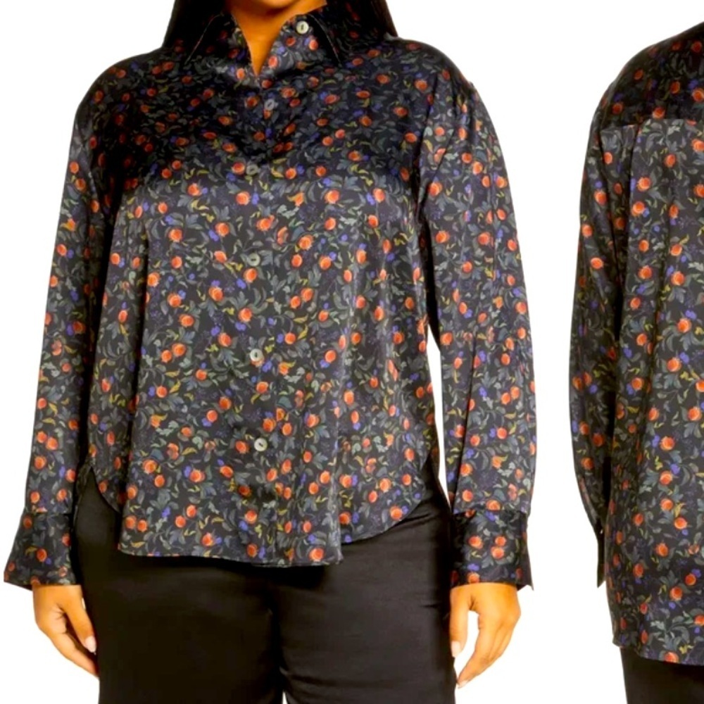 Elie Tahari Pomegranate Button-Up Print Blouse, Size L